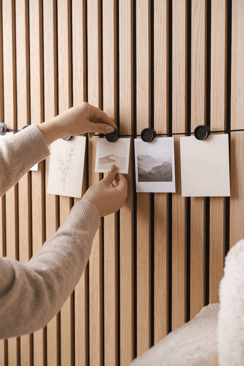 Uma pessoa prende fotografias e esboços ao Vindar | Gallery String da WoodUpp, usando clipes de neodímio num painel acústico nórdico de ripas de madeira Akupanel.